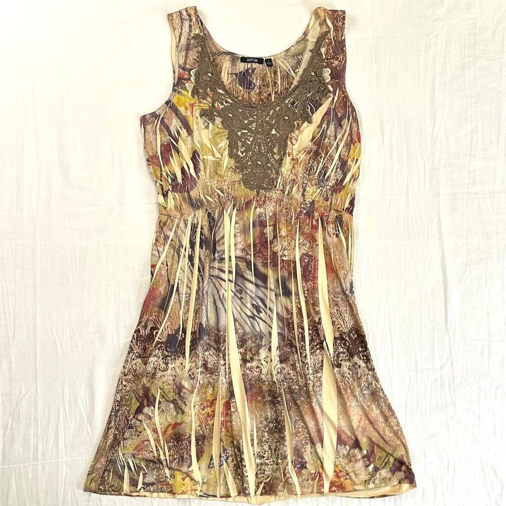 2000s Apt 9 Boho Tan Earthy Abstract Print Mini Dress Crochet Sz L‎ Boho Fairy